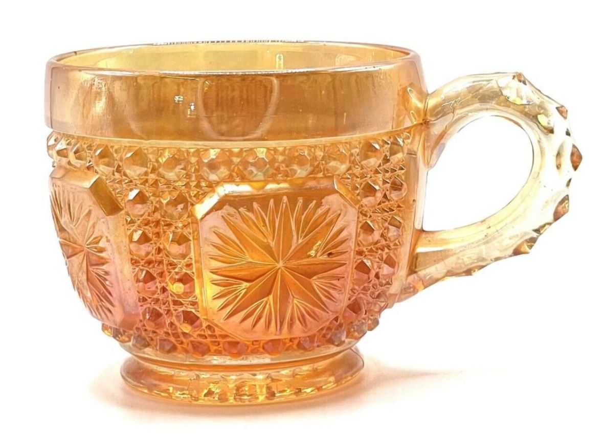 4 Vintage Carnival Glass Cup Iridescent Marigold  Star Pattern