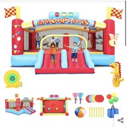 Bounce House with Blower, Indoor & Outdoor Jumping House with Double Slide, Jumping Area, Ball Basket, Ball Net, Target, Boxing Ring, Bounce Castle fo