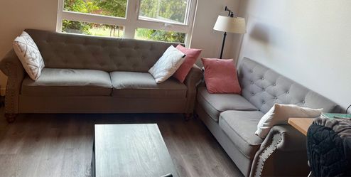 Chesterfield Style Sofa + Loveseat Set (Grey/Taupe) plus FREE Coffee Table!