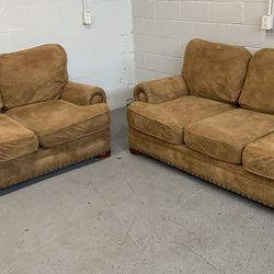 2 Piece Sofa / Couch / Loveseat Camel Brown Rolled Arm Microsuede