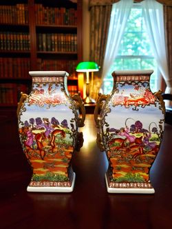 20th Century Porcelain Double Dragon Handless Flat Sided Vases Handpainted 11.75