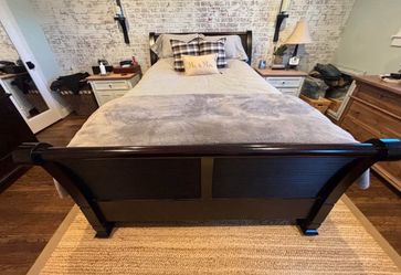 5 piece Queen  bedroom set: Queen bed frame, high boy dresser, mirror and night stand, armoire. Z Gallerie quality solid wood,