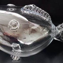 Lg Vintage Mid-Century Modern 18" Blenko style Clear Glass Fish Shaped Fish Sculpture, Fish Bowl, Terrarium