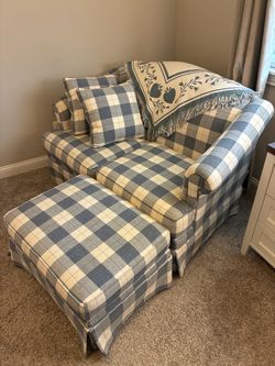Blue & White Plaid  Armchair With Ottoman