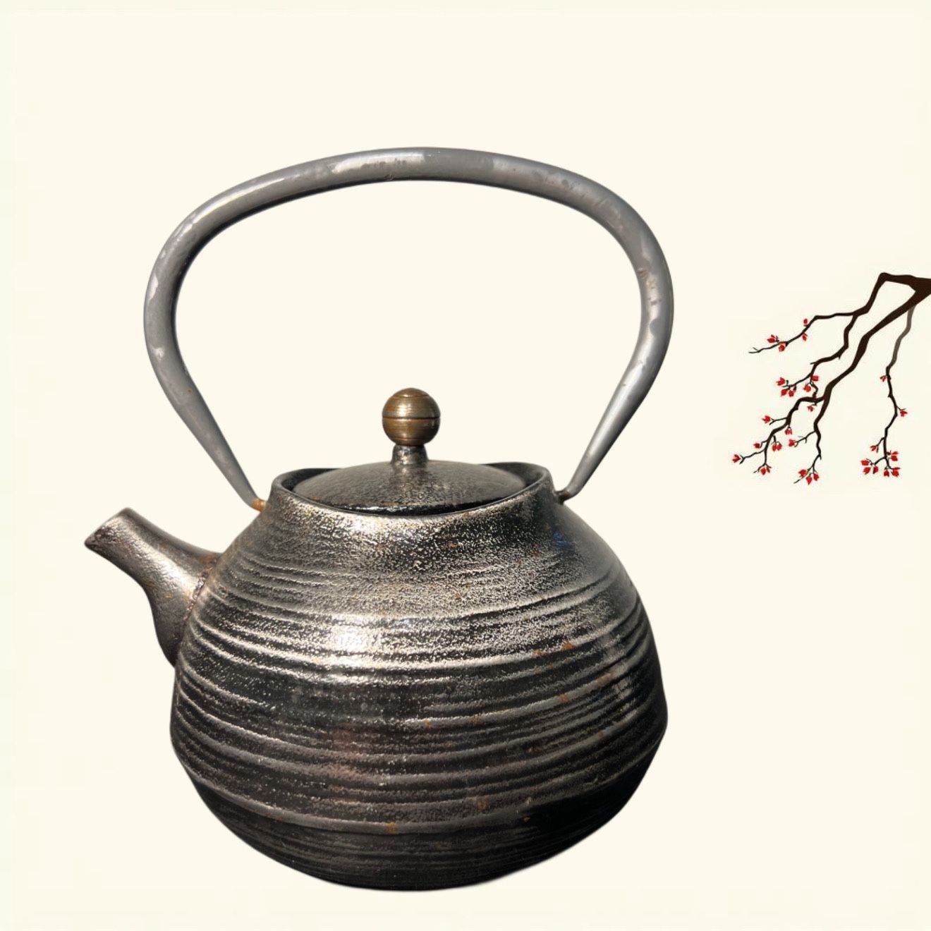 Japanese 2000s Black Cast Iron Ceramic Teapot With Infuser, 5x7”