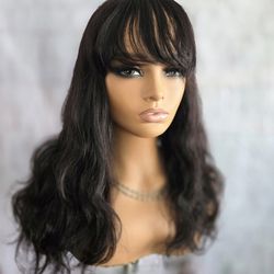 22" human hair wig with bangs  natural black  new