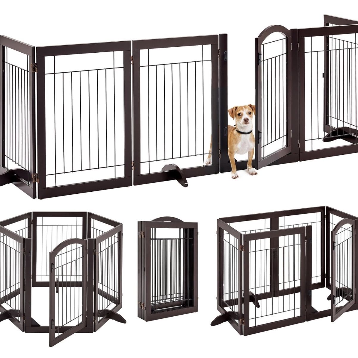 32-inch Tall Dog Gate with Door Extra Wide Pet Gate for Dogs, Foldable Wire & Wooden Puppy Safety Fence w/3 Support Feet,Freestanding Dog Gate for the