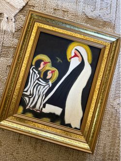 Vintage Framed Religious Folk Art Painting Black, White & Gold frame painting