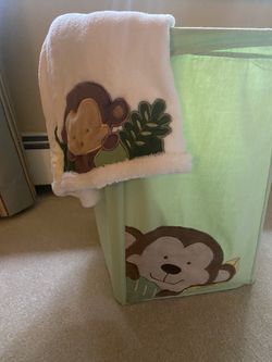Kids Monkey Hamper And Matching Fleece Blanket 