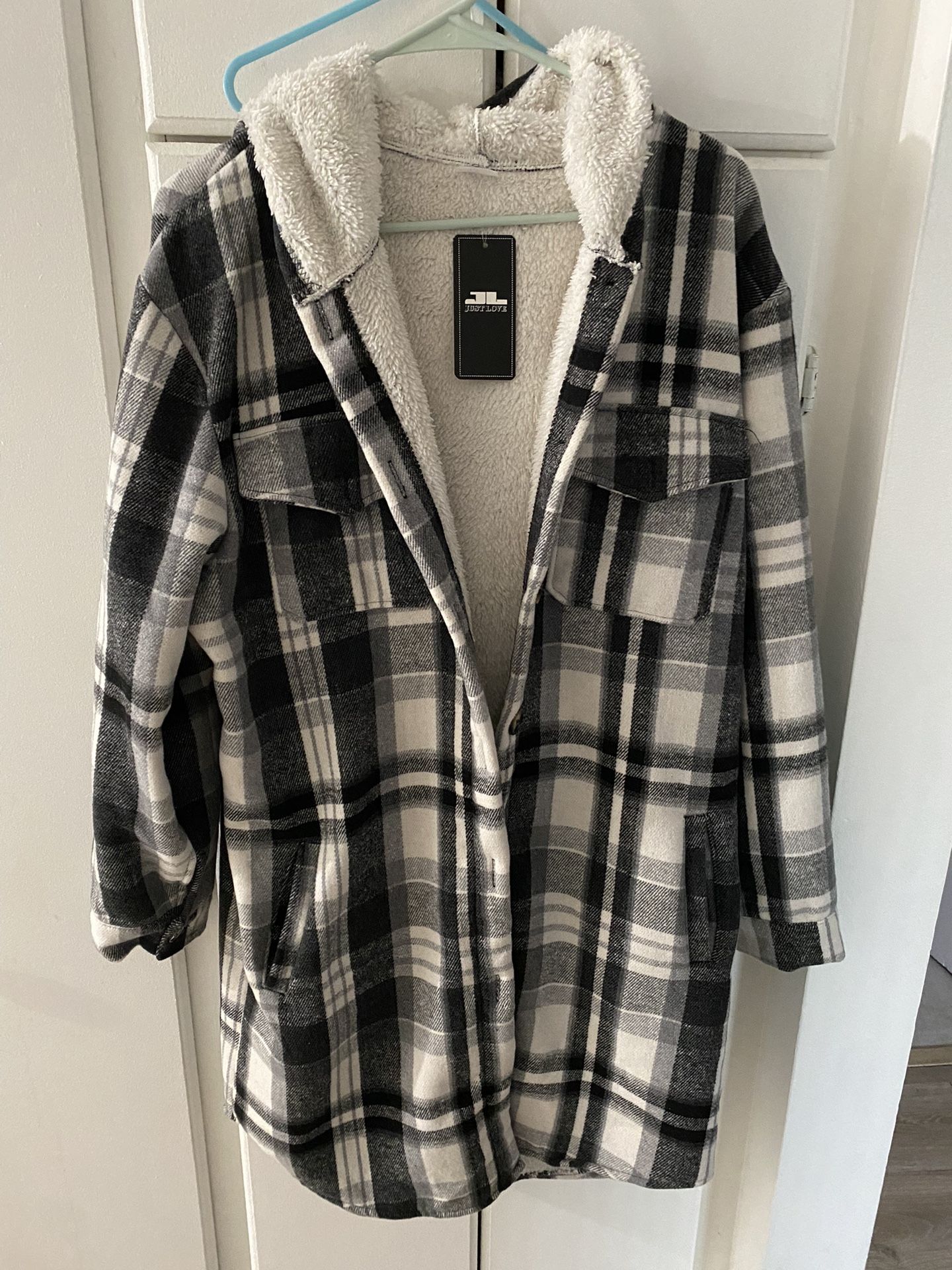 Long Plaid Coat Women’s With Pockets And Hood Size L