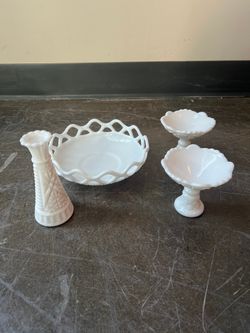 Set of Vintage White Ceramic & Milk Glass Decor