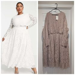 Asos Curve US Size 26 Pink Crop Lace Long Sleeve Midi Wedding Dress