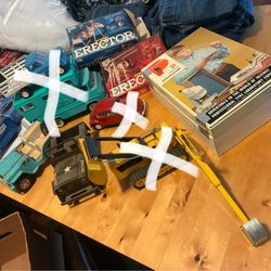 Some items sold some still available-Collectors items-toys-vintage erector sets 2 of them,  Vintage Metal toy trucks/tractors/jeeps  (these are vintag