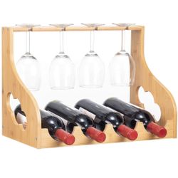 Bamboo Wine and Glass Rack Counter Table Top Wooden Wine Bottle Storage Holder for Kitchen, Bar, Cabinets Holds 5Bottles