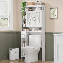 Over The Toilet Storage Cabinet with 2 Barn Doors & Built-in Toilet Paper Holder, Farmhouse