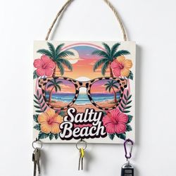 Salty Beach Wooden Canvas: Coastal Beach House Gift, Handcrafted Hibiscus Flower Wall Art