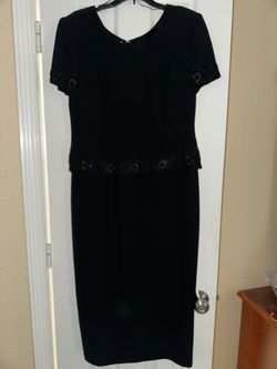 Talbots Maxi Formal Black Beaded short sleeve evening 1 piece lined dress