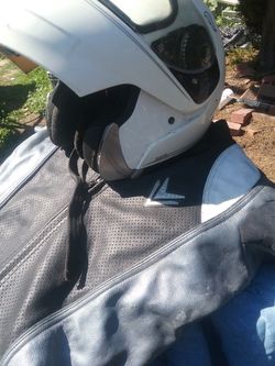 VINTAGE  FRANK THOMAS FULL LEATHER RACE SUIT FOR BIKES OR CARS WITH A FULL FACE MODULE  HELMENT