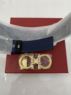 NEW Salvatore Ferragamo Black Blue Revers Leather Belt Gold Buckle 35mm/125cm