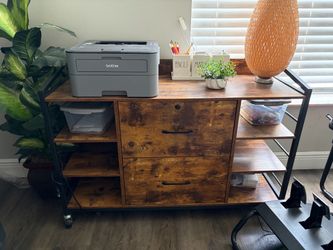 2 tables, 1 file cabinet, 1 bookshelf