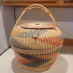 Handwoven Lidded Basket with Handle