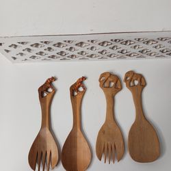 Hand Carved At One Piece Of Wood Fork And Spoon For Salads