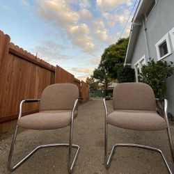 Vecta Contract . Rare Metal Framed Chairs, Set Of Two, Leather Arms, Brown Tweed Upholstery 