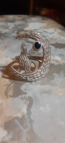 Sterling Silver & Onyx COYOTE HOWLING at MOON RING Sz 8