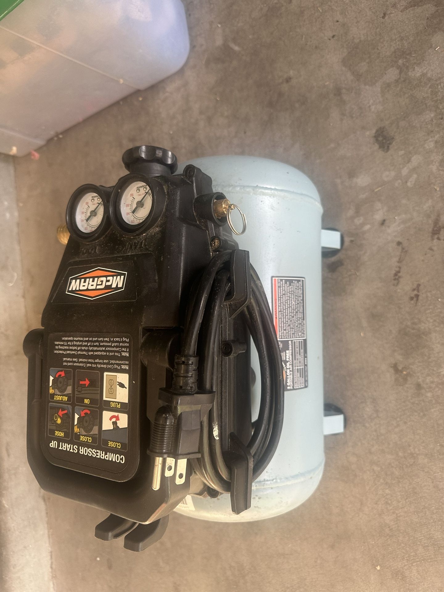 MCGRAW 3 Gallon 1/3 HP 110 PSI OilFree Hot Dog Air Compressor for Sale