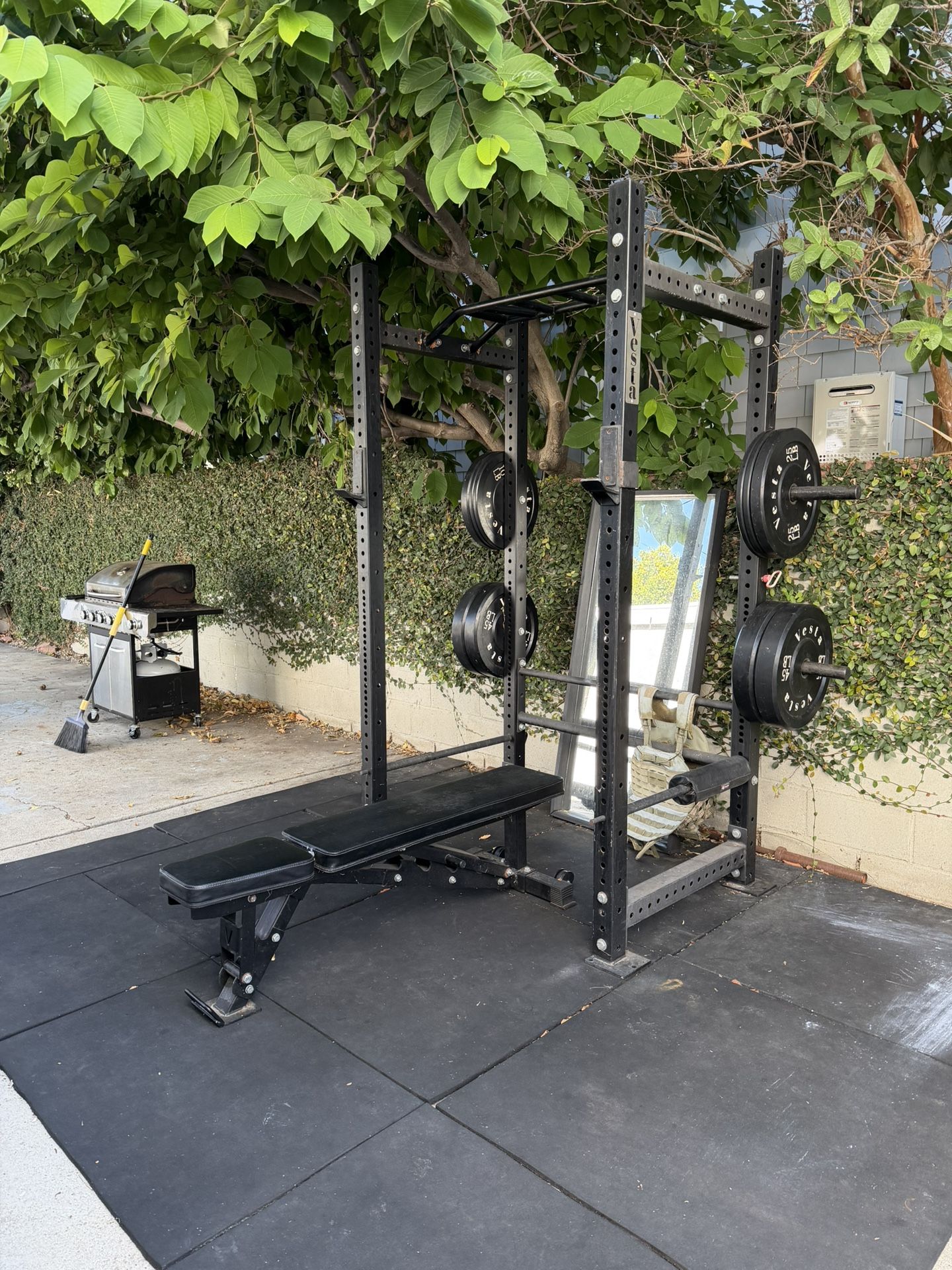 Complete Outdoor Gym Setup — Power Rack + Bench + Weights