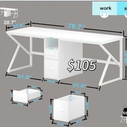 ✌️ IBF white Computer Desk with File Drawer, 79" Gaming Writing 2 Person Desk with Storage Cabinet Shelf, Modern Large Extra Long Wood Metal Office