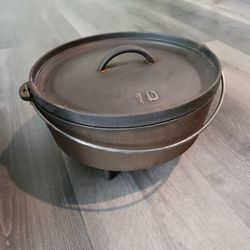 Vintage Cast Iron 3 Legged No.10 Dutch Oven With Repaird Lid  