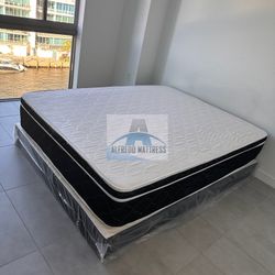 Queen mattress pillow top set with box spring (2pc - new) 