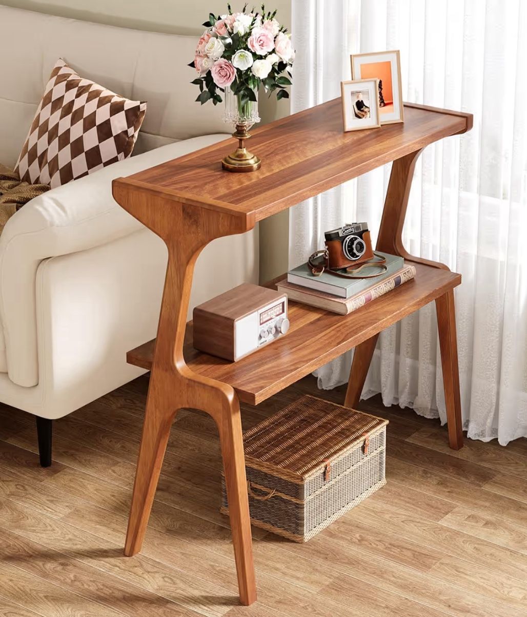 Solid Wood End Table, 2-Tier Mid Century Modern Side Table