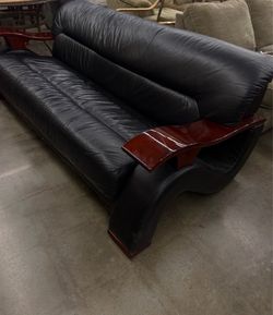 Black Modern Leather Sofa with Wood Arm Accents
