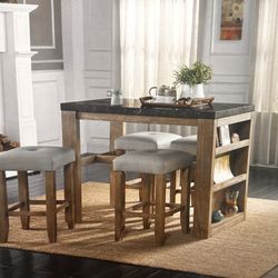 Table Marble Top And Oak Finish / With Stools