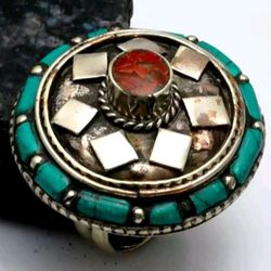Turquoise+Coral 925 silver ring 8.5