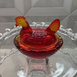 Vintage L E SMITH Tiny Glass Hen on Nest Cadmium Amberina Red/Orange 2.25”L x 2” T (SEE PHOTOS)!