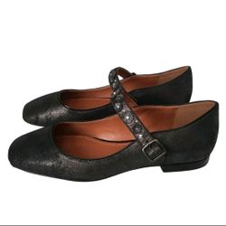 COACH  Mary Jane Floral Embellished Anthracite Leather Flats Shoes size 6.5
