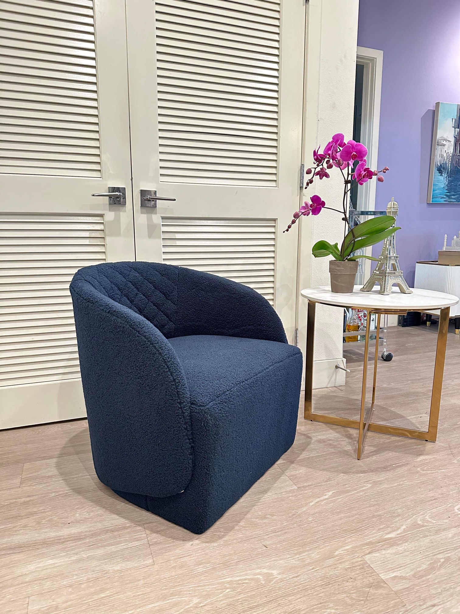 Blue Linen Chair, Teddy Fabric Swivel Accent Armchair C-5