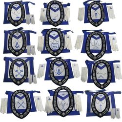 Masonic Blue Lodge Officer Aprons, Chain Collar with jewel,Glove Set Pack of 12