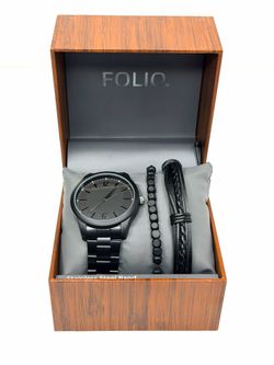Folio Men’s Black Stainless Steel Watch Gift Set – Brand New in Original Box