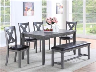 6-Piece Gray Dining Table Set with Bench