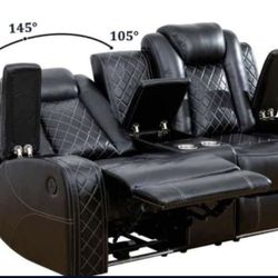 Power Electric Black Leather Fully Reclining 2 Piece Couch Set  Sofa and Loveseat Set 