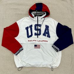 Men’s Polo Ralph Lauren Big Logo Jacket USA Red White Blue Windbreaker RARE XL