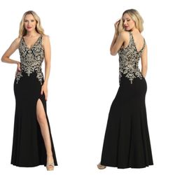 New With Tags Black & Gold Semi-Sheer Bodice Long Formal Dress & Prom Dress $199
