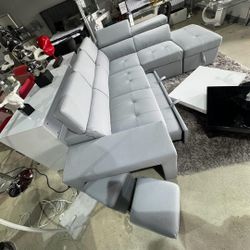 Sleeper Sectional Sofa Pull Out Gray Leather New