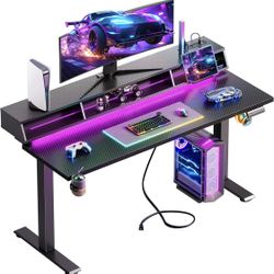 Gaming Standing Desk with LED Light, 55 Inch Electric Height Adjustable Table with Power Outlet & Monitor Stand, Sit Stand Computer Workstation for Ho