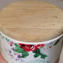Pioneer Woman Floral Country Garden Stoneware Acacia Wood 7 Oz Salt Cellar