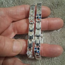 Bracelets, Set Of Two Silver With Multicolored Rhinestone Settings 